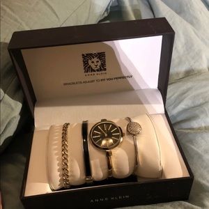 Anne Klein Black and Gold Watch Bracelet Set